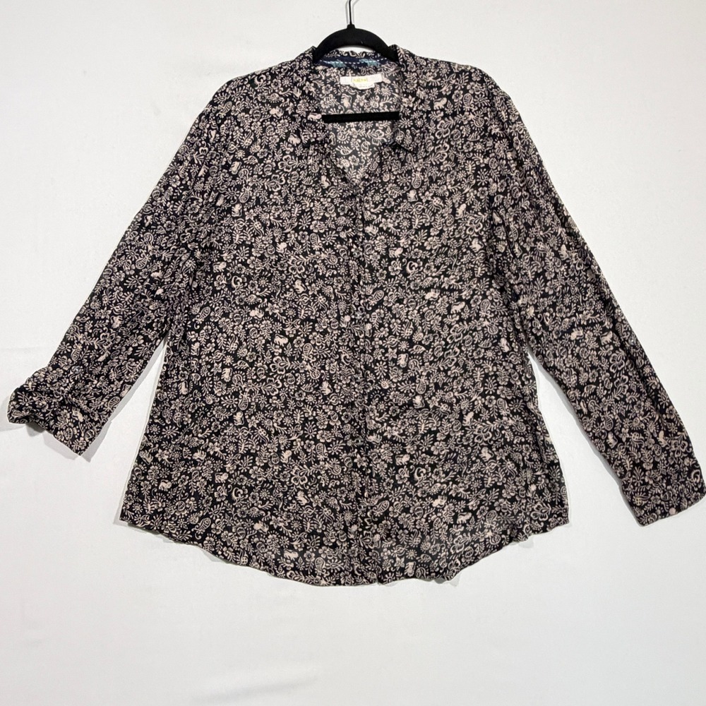 Anthropologie Hei Hei Women Button Shirt Large Black Tan Lion DayTrip Artsy Boho